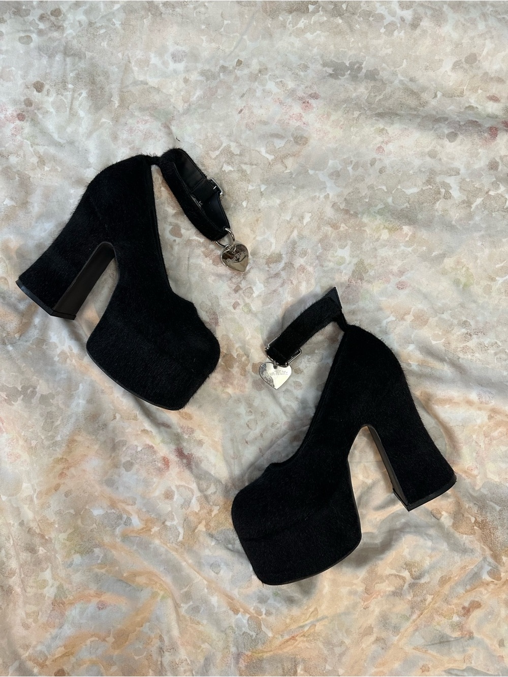 Sugar Thrillz Black Velvet Platform Ankle-Strap Heels with Heart Charm